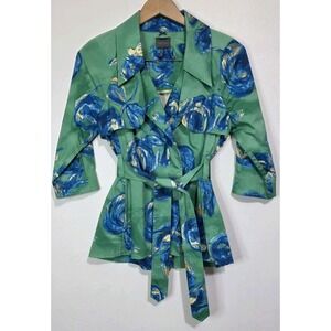 Kristin Davis Green Jacket Blue Floral XS‎ Collared Snaps  Belt Career Blazer